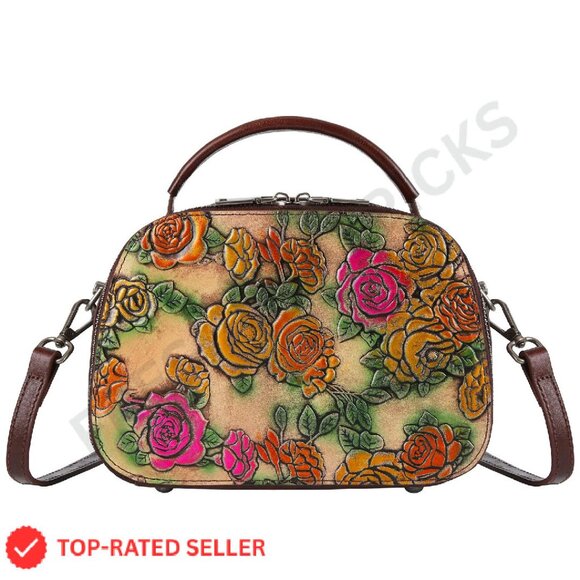 Genuine Leather Satchel Handbag Retro Top Handle Hand Painted Floral